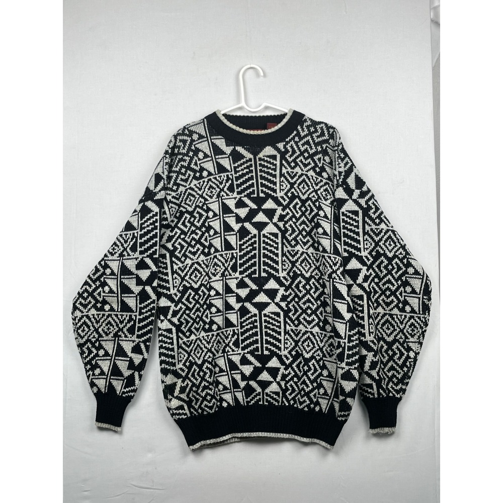 Oakton Limited Sweater Mens XL Geometric Abstract Knit Black White Vintage
